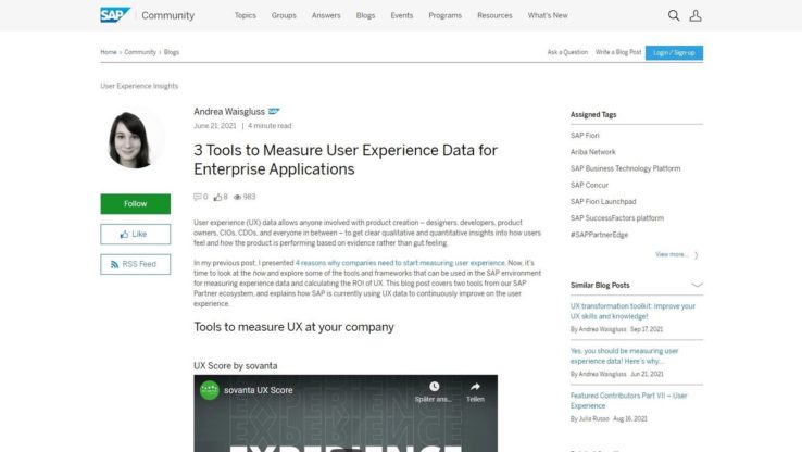 SAP Community Beitrag zum UX Score by sovanta
